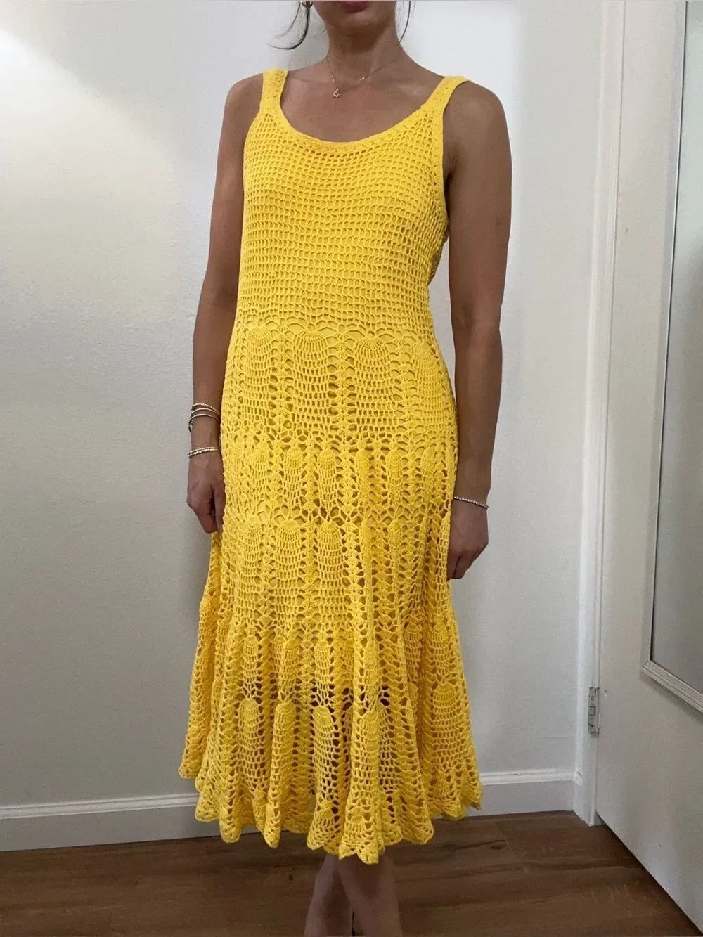 Vintage 90's Yellow Crochet Midi Dress Sleeveless 100% Cotton Size S